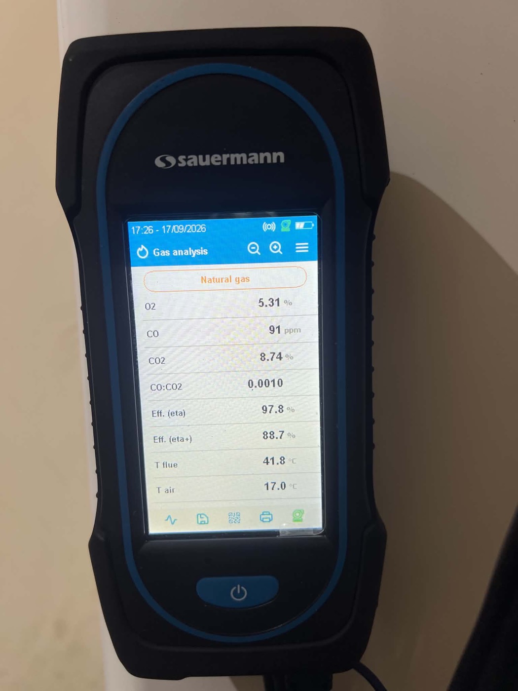 Handheld gas analyser used during appliance checks